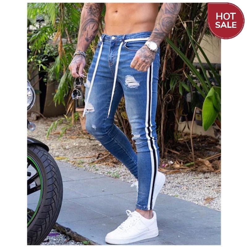 NEW Men Skinny Jeans Biker Destroyed Frayed Fit Denim Ripped Side Stripe Pencil Pants Hip Hop Streetwear Jeans S-4XL