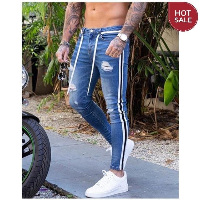 NEW Men Skinny Jeans Biker Destroyed Frayed Fit Denim Ripped Side Stripe Pencil Pants Hip Hop Streetwear Jeans S-4XL