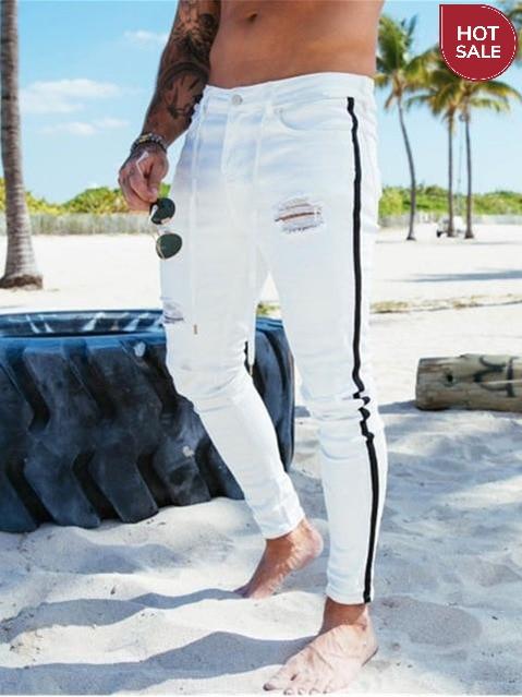 NEW Men Skinny Jeans Biker Destroyed Frayed Fit Denim Ripped Side Stripe Pencil Pants Hip Hop Streetwear Jeans S-4XL