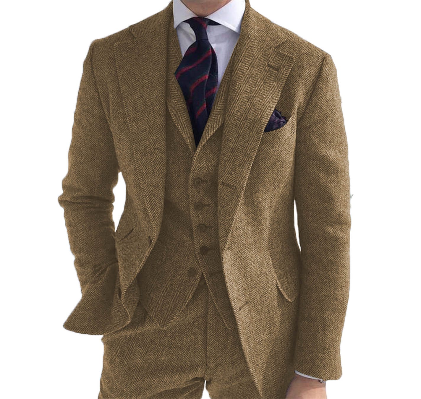 Costume pentru bărbați 3 piese Lână Business Retro Clasic Motiv în spină de pește Mire Tweed Smoking din lână pentru nuntă (Blazer+Pantaloni+Vest)