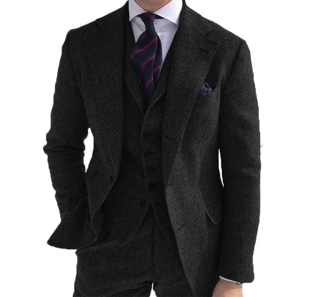 Costume pentru bărbați 3 piese Lână Business Retro Clasic Motiv în spină de pește Mire Tweed Smoking din lână pentru nuntă (Blazer+Pantaloni+Vest)