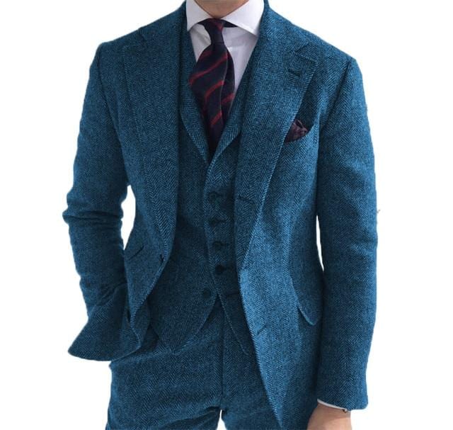 Costume pentru bărbați 3 piese Lână Business Retro Clasic Motiv în spină de pește Mire Tweed Smoking din lână pentru nuntă (Blazer+Pantaloni+Vest)