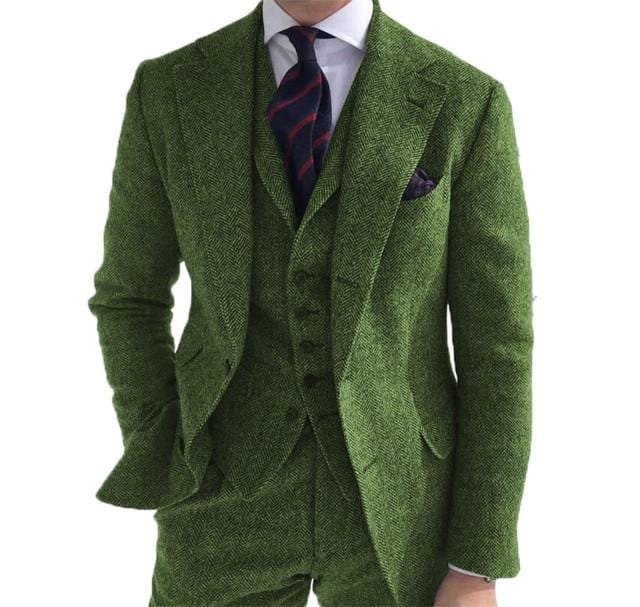 Costume pentru bărbați 3 piese Lână Business Retro Clasic Motiv în spină de pește Mire Tweed Smoking din lână pentru nuntă (Blazer+Pantaloni+Vest)