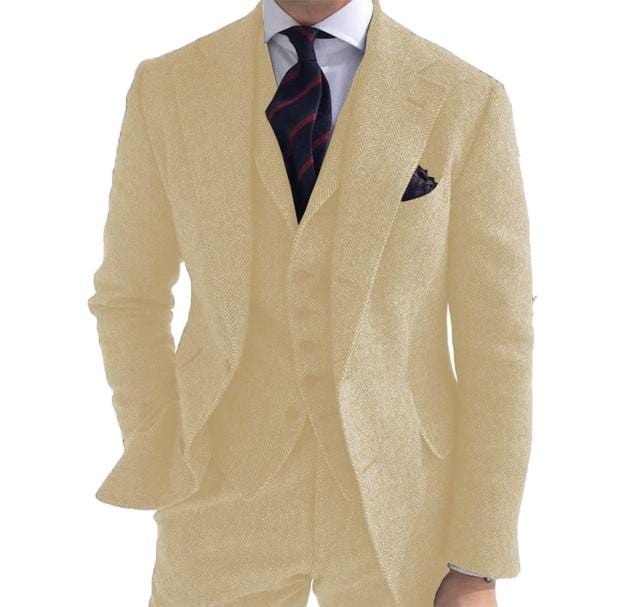 Costume pentru bărbați 3 piese Lână Business Retro Clasic Motiv în spină de pește Mire Tweed Smoking din lână pentru nuntă (Blazer+Pantaloni+Vest)