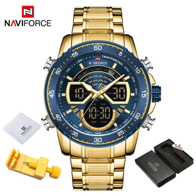 NAVIFORCE Mens Military Sports Waterproof Watches Luxury Analog Quartz Digital Wrist Watch for Men Bright Backlight Gold Watches