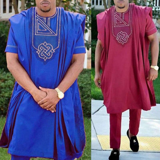 no hat 2020 dashiki embroidery african men clothes riche bazin mens suit tops shirt pants 3 pieces set Plus Size PH3062