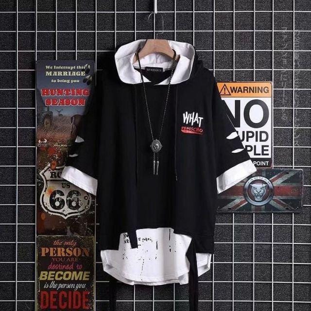 super Fire Ribbon Hooded Hip Hop Short Sleeve Hip Hop Fashion T-shirt Men's Fake Two-piece Street Bf Loose Five Sleeve T-shirt