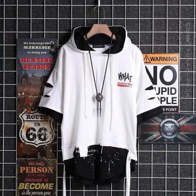 super Fire Ribbon Hooded Hip Hop Short Sleeve Hip Hop Fashion T-shirt Men's Fake Two-piece Street Bf Loose Five Sleeve T-shirt