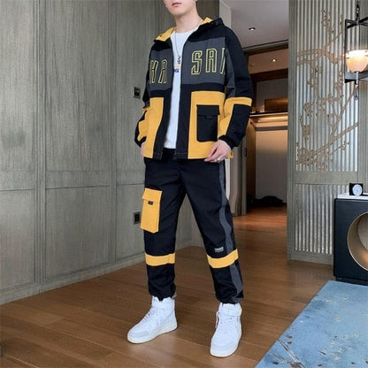 Trening pentru bărbați, îmbrăcăminte de stradă, set din două piese, trening, salopete din poliester, costum de agrement, jachete cu glugă și pantaloni hip hop Harlan