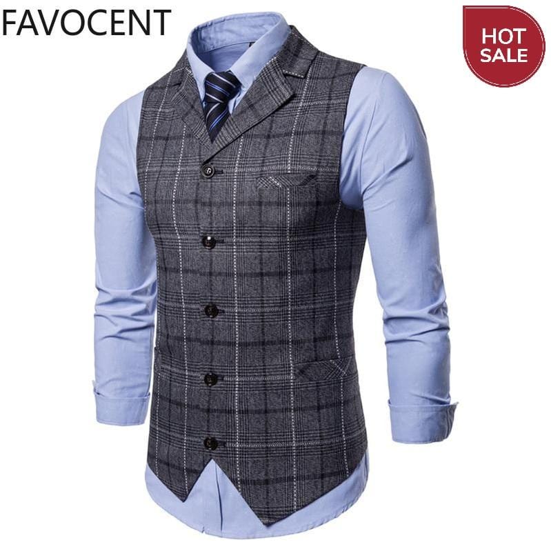 New Mens Vest Casual Business Men Suit Vests Male Lattice Waistcoat Fashion Mens Sleeveless Suit Vest Smart Casual Top Grey Blue