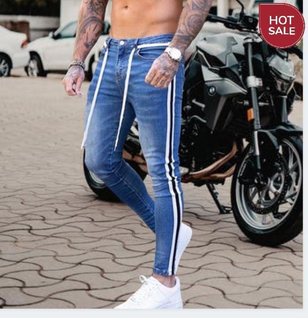 NEW Men Skinny Jeans Biker Destroyed Frayed Fit Denim Ripped Side Stripe Pencil Pants Hip Hop Streetwear Jeans S-4XL