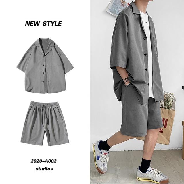 Korean Style Men's Set Suit Jacket and Shorts Solid Thin Short Sleeve Single Pocket Knee-Length Summer Oversized Clothing Man