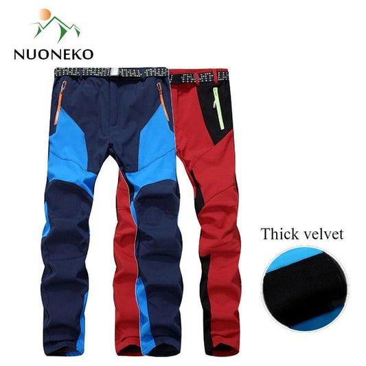 NUONEKO Men Women Winter Hiking Pants Waterproof Softshell Fleece Pants Sport Skiing Outdoor Pants Pantalon Trekking Hombre PM29