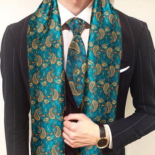 New Fashion Men Scarf Green Jacquard Paisley 100% Silk Scarf Tie Autumn Winter Casual Business Suit Shirt Scarf Set Barry.Wang