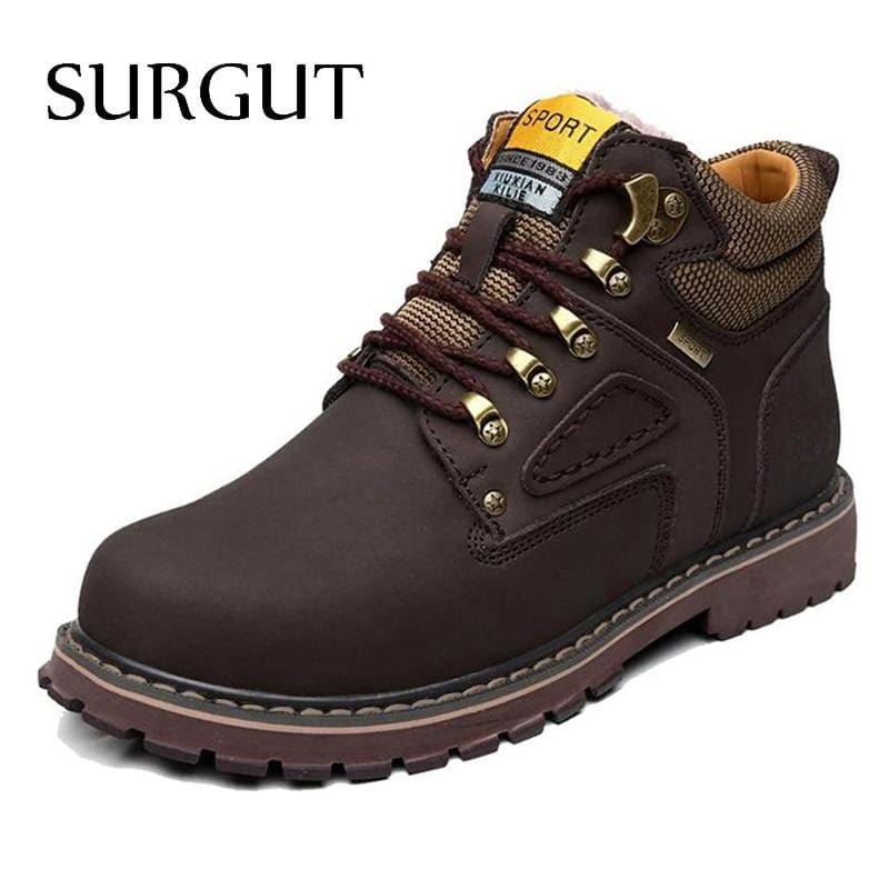 SURGUT Brand Super Warm Men's Winter Leather Men Waterproof Rubber Snow Boots Leisure Boots England Retro Shoes For Men Big Size