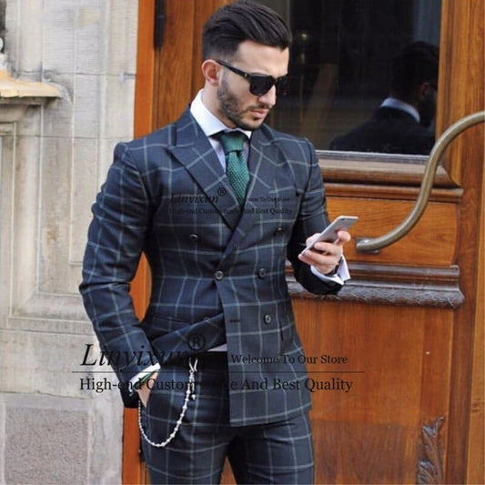 Fashion Dark Plaid Double Breasted Men Suits Slim Fit Tuxedo Wedding Groom Terno Masculino Blazer Jacket+Pant Sets Plus