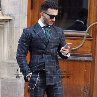 Fashion Dark Plaid Double Breasted Men Suits Slim Fit Tuxedo Wedding Groom Terno Masculino Blazer Jacket+Pant Sets Plus