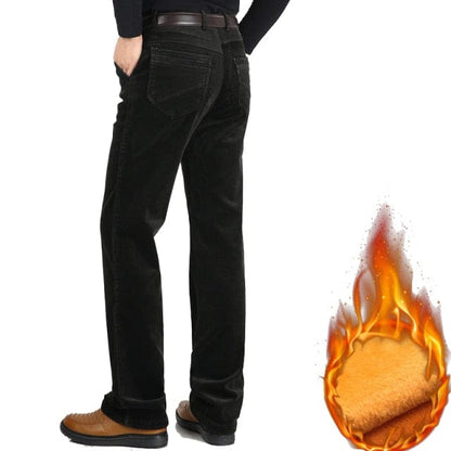 Autumn Winter Velvet Corduroy Pants Men Business Casual Pants Loose Elastic Middle-aged Straight Fleece Thick Corduroy Trousers
