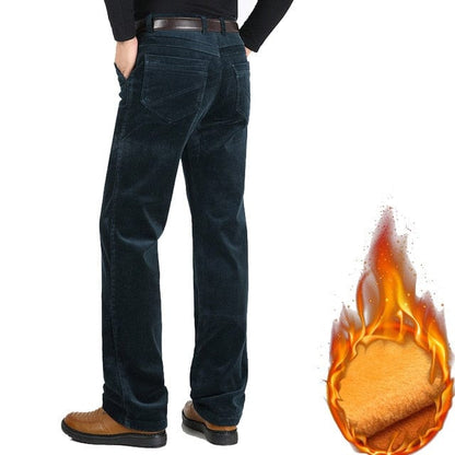 Autumn Winter Velvet Corduroy Pants Men Business Casual Pants Loose Elastic Middle-aged Straight Fleece Thick Corduroy Trousers