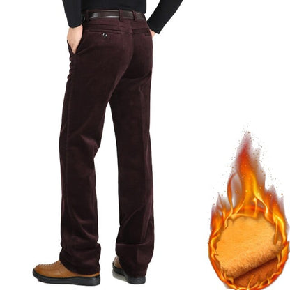 Autumn Winter Velvet Corduroy Pants Men Business Casual Pants Loose Elastic Middle-aged Straight Fleece Thick Corduroy Trousers
