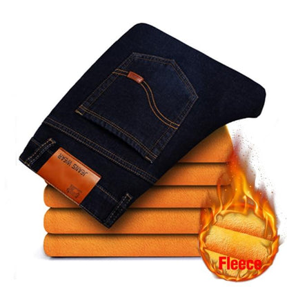Winter New Men's Warm Jeans Business Casual Elasticity Thick Slim Denim Pants Brand Trousers Black Plus Size 40 42