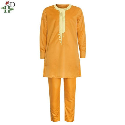 H&D African Dashiki Outfit Mens Embroidered Shirt Pants 2 Piece Suit Hippie Men Fashion Muslim Sets Thobe 2021 European Clothing