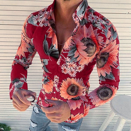 Men's Floral Shirt Long Sleeve Casual Shirt Fashion Rose Flower 3D Printed Turn-down Collar Slim Hawaii Shirt For Mens