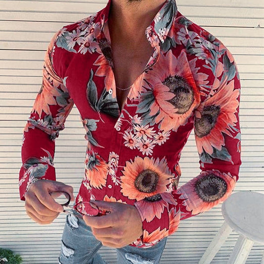 Men&#39;s Floral Shirt Long Sleeve Casual Shirt Fashion Rose Flower 3D Printed Turn-down Collar Slim Hawaii Shirt For Mens