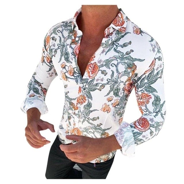 Men's Floral Shirt Long Sleeve Casual Shirt Fashion Rose Flower 3D Printed Turn-down Collar Slim Hawaii Shirt For Mens