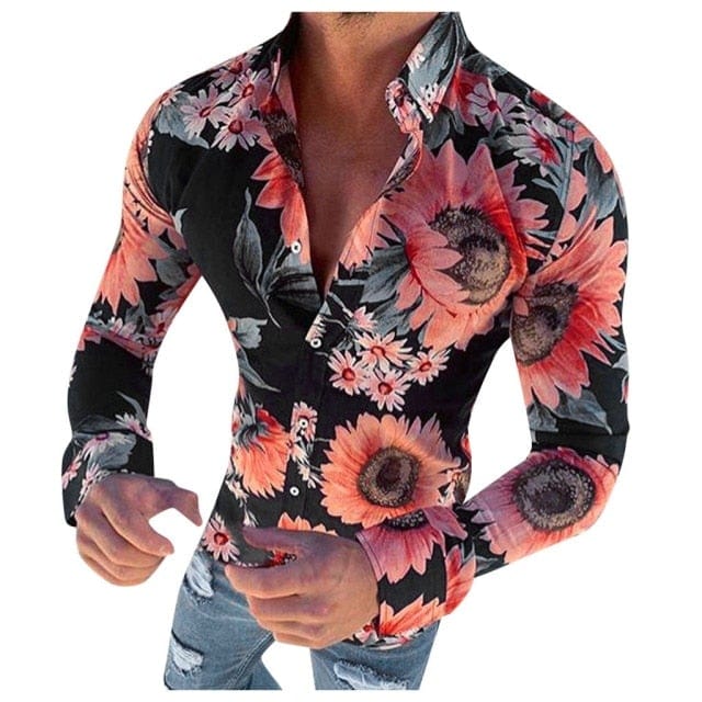 Men&#39;s Floral Shirt Long Sleeve Casual Shirt Fashion Rose Flower 3D Printed Turn-down Collar Slim Hawaii Shirt For Mens