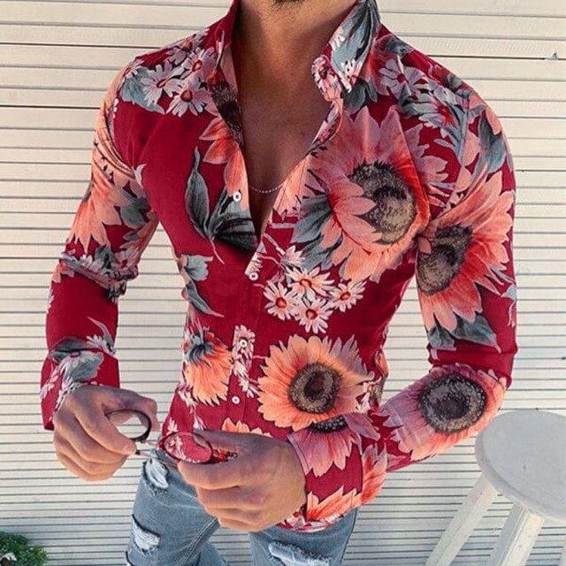 Men's Floral Shirt Long Sleeve Casual Shirt Fashion Rose Flower 3D Printed Turn-down Collar Slim Hawaii Shirt For Mens