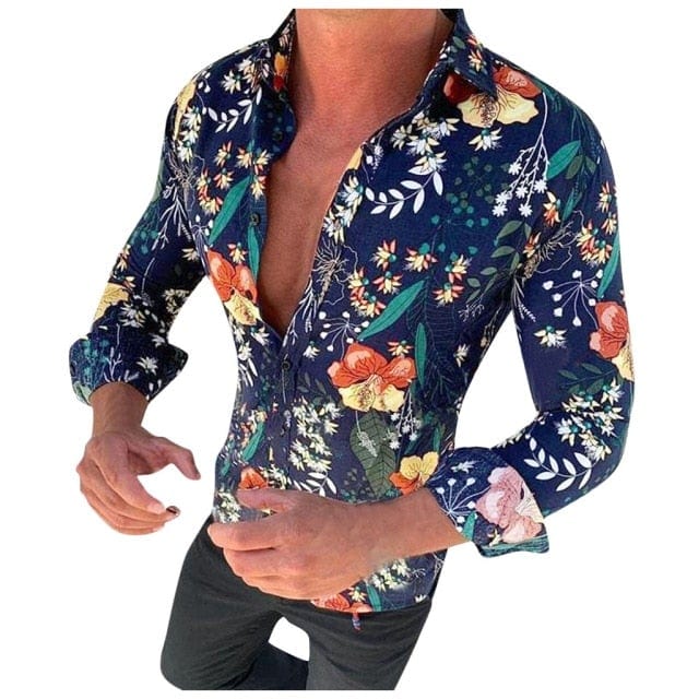 Men's Floral Shirt Long Sleeve Casual Shirt Fashion Rose Flower 3D Printed Turn-down Collar Slim Hawaii Shirt For Mens
