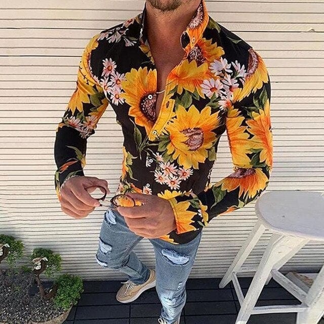 Men&#39;s Floral Shirt Long Sleeve Casual Shirt Fashion Rose Flower 3D Printed Turn-down Collar Slim Hawaii Shirt For Mens