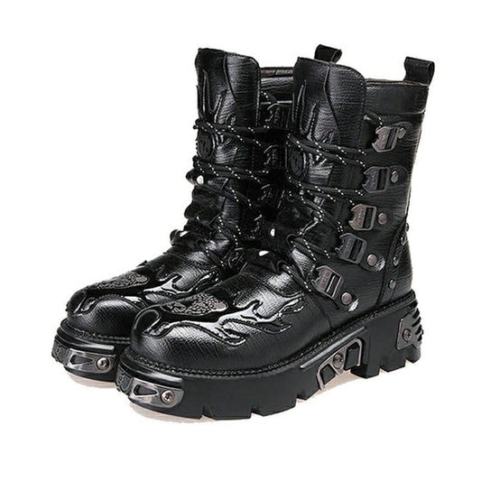 New Gothic Punk Men's Leather boots Motorcycle Boots Platform Rubber Boots Black Warm Mid Calf Military Combat Boots Fashion47