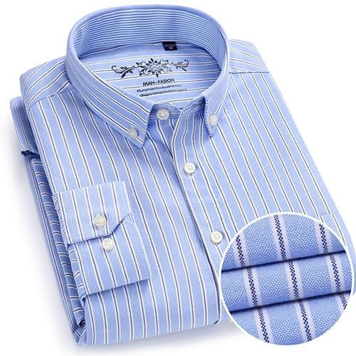 Men's Long Sleeve Oxford Plaid Striped Casual Shirt Front Patch Chest Pocket Regular-fit Button-down Collar Thick Work Shirts