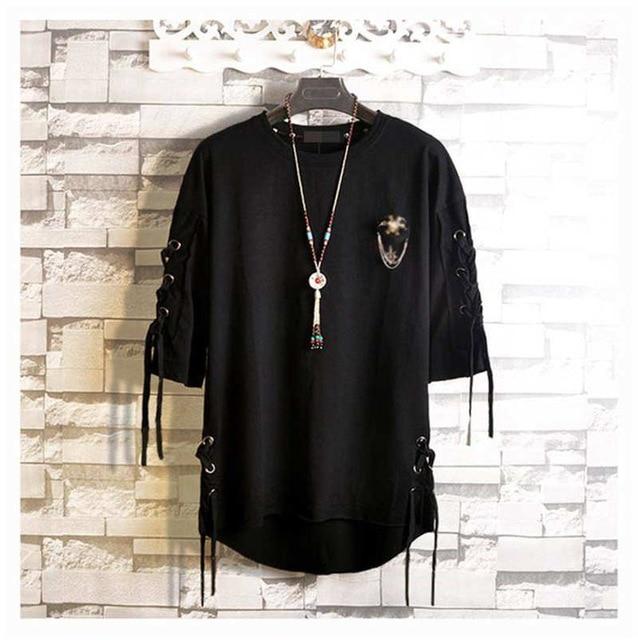 Idopy Korean Fashion Men`s Street Style Lace Punk Gothic Pullover Designer Steampunk Hem Hip Hop Sweatshirts Shirts Tees