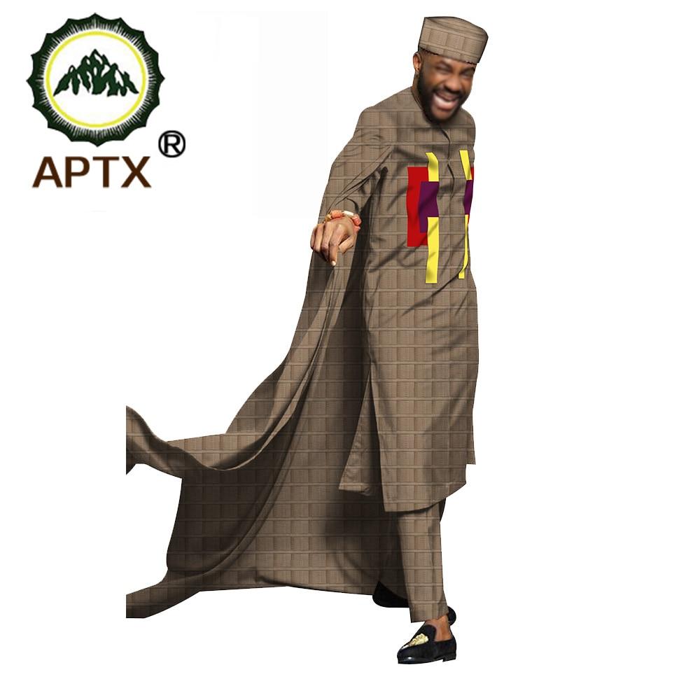 APTX jacquard fabric cotton Muslim suit for men tailor made full sleeves top+ hat+slim pants men's casual suit T20537