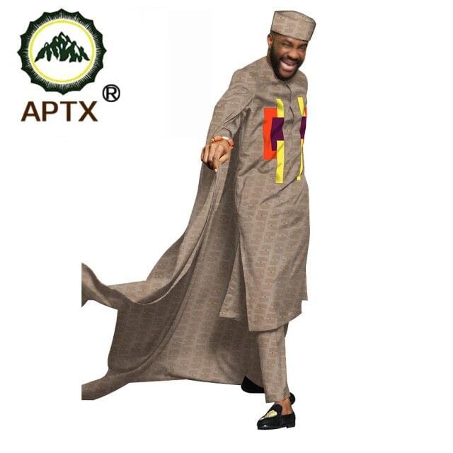 APTX jacquard fabric cotton Muslim suit for men tailor made full sleeves top+ hat+slim pants men's casual suit T20537