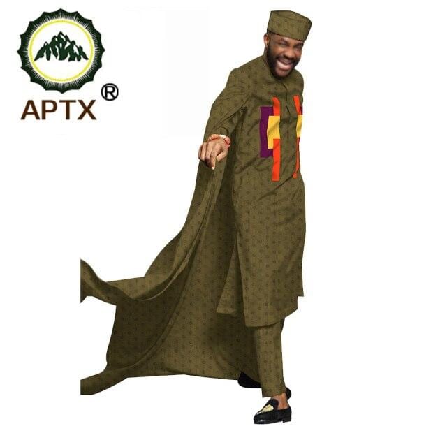 APTX jacquard fabric cotton Muslim suit for men tailor made full sleeves top+ hat+slim pants men's casual suit T20537