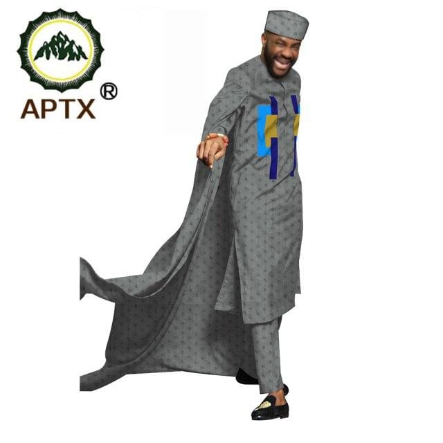 APTX jacquard fabric cotton Muslim suit for men tailor made full sleeves top+ hat+slim pants men's casual suit T20537