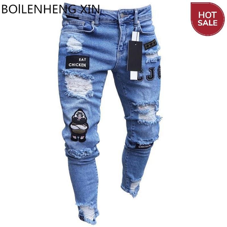 Men's Broken Hole Embroidered Pencil jeans Slim Men Trousers Casual Thin Denim Pants Classic Cowboys Young Man Jogging Pants