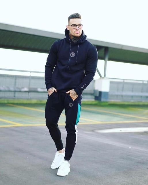 New Brand 2 Pieces Sets Tracksuit Men Spring Fashion Hooded Sweatshirt +Drawstring Pants Male Stripe Patchwork Hoodies Bigsweety