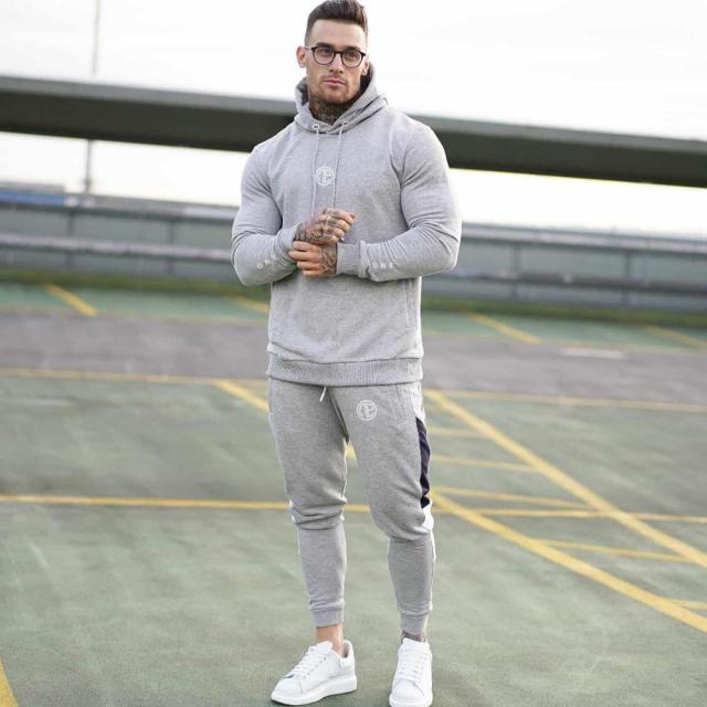 New Brand 2 Pieces Sets Tracksuit Men Spring Fashion Hooded Sweatshirt +Drawstring Pants Male Stripe Patchwork Hoodies Bigsweety