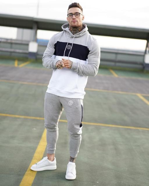 New Brand 2 Pieces Sets Tracksuit Men Spring Fashion Hooded Sweatshirt +Drawstring Pants Male Stripe Patchwork Hoodies Bigsweety