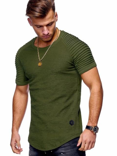 Hot 2021 Solid Color Sleeve Pleated Patch Detail Long Sleeve T-Shirt Men Spring Casual Tops Pullovers Fashion Slim Basic Tops