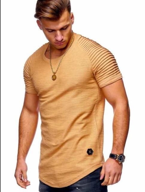 Hot 2021 Solid Color Sleeve Pleated Patch Detail Long Sleeve T-Shirt Men Spring Casual Tops Pullovers Fashion Slim Basic Tops