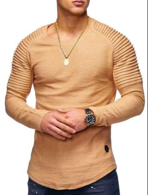 Hot 2021 Solid Color Sleeve Pleated Patch Detail Long Sleeve T-Shirt Men Spring Casual Tops Pullovers Fashion Slim Basic Tops