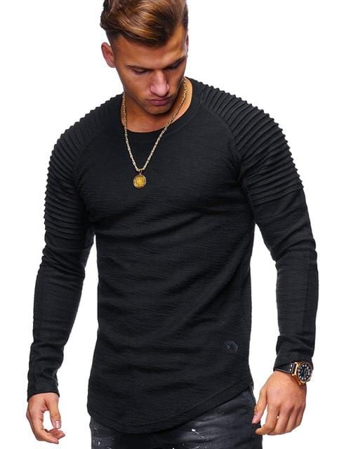 Hot 2021 Solid Color Sleeve Pleated Patch Detail Long Sleeve T-Shirt Men Spring Casual Tops Pullovers Fashion Slim Basic Tops