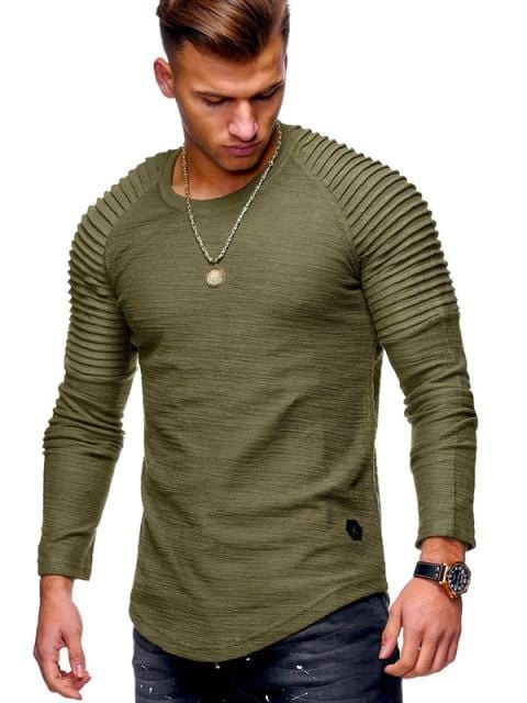 Hot 2021 Solid Color Sleeve Pleated Patch Detail Long Sleeve T-Shirt Men Spring Casual Tops Pullovers Fashion Slim Basic Tops