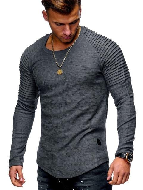 Hot 2021 Solid Color Sleeve Pleated Patch Detail Long Sleeve T-Shirt Men Spring Casual Tops Pullovers Fashion Slim Basic Tops